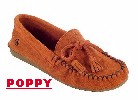 Women's Classic Peace Moc with lightweight rubber sole and fully padded insole. Made with soft, supple suede. Indoor/outdoor use. Colors: black, blue, chocolate, poppy, tan