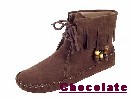 Women's Peace-Mocs Ankle-Hi Fringe Boot with lightweight rubber sole, fully lined, and padded insole. Made with soft, supple suede. Indoor/outdoor use. Colors: brown-tan and brown-chocolate