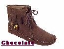 Women's Peace-Mocs Ankle-Hi Fringe Boot with lightweight rubber sole, fully lined, and padded insole. Made with soft, supple suede. Indoor/outdoor use. Colors: brown-tan and brown-chocolate