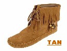 Women's Peace-Mocs Ankle-Hi Fringe Boot with lightweight rubber sole, fully lined, and padded insole. Made with soft, supple suede. Indoor/outdoor use. Colors: brown-tan and brown-chocolate