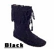 Women's Peace-Mocs Mid-Calf Fringe Boot with lightweight rubber sole, fully lined, and padded insole. Made with soft, supple suede. Indoor/outdoor use. Colors: black, brown, and brown-chocolate
