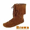 Women's Peace-Mocs Mid-Calf Fringe Boot with lightweight rubber sole, fully lined, and padded insole. Made with soft, supple suede. Indoor/outdoor use. Colors: black, brown, and brown-chocolate