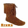 Women's Peace-Mocs Mid-Calf Fringe Boot with lightweight rubber sole, fully lined, and padded insole. Made with soft, supple suede. Indoor/outdoor use. Colors: black, brown, and brown-chocolate