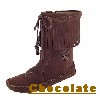 Women's Peace-Mocs Mid-Calf Fringe Boot with lightweight rubber sole, fully lined, and padded insole. Made with soft, supple suede. Indoor/outdoor use. Colors: black, brown, and brown-chocolate