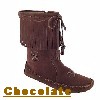Women's Peace-Mocs Mid-Calf Fringe Boot with lightweight rubber sole, fully lined, and padded insole. Made with soft, supple suede. Indoor/outdoor use. Colors: black, brown, and brown-chocolate